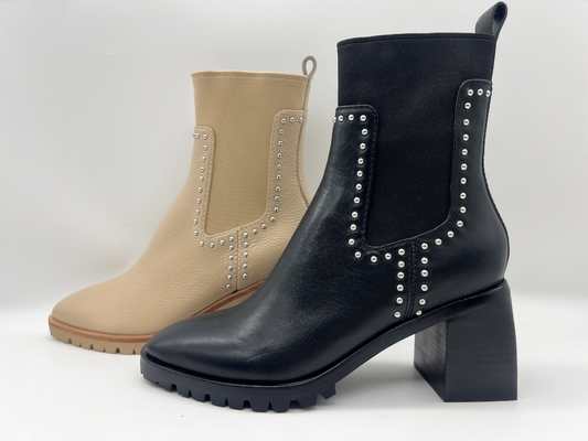Tan soft cow  leather Womens Dress ankle Boots with shaft studs in metal，square abs heel，TPR outsole with pusable latex