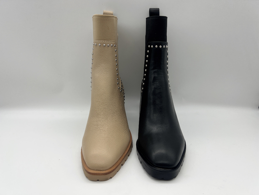 Tan soft cow  leather Womens Dress ankle Boots with shaft studs in metal，square abs heel，TPR outsole with pusable latex