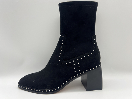 soft suede leather and stretch lycra fabric black Womens Dress ankle Boots with metal zipper design，square abs heel