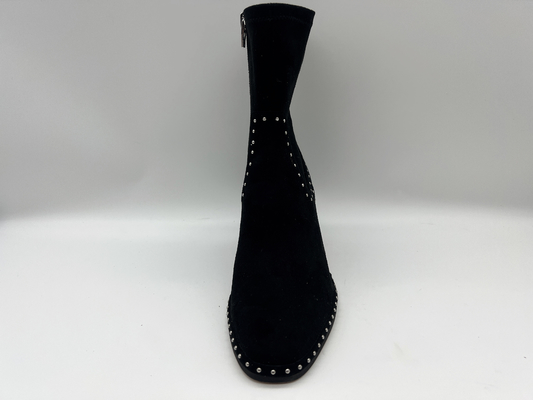 soft suede leather and stretch lycra fabric black Womens Dress ankle Boots with metal zipper design，square abs heel