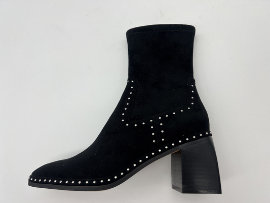 soft suede leather and stretch lycra fabric black Womens Dress ankle Boots with metal zipper design，square abs heel