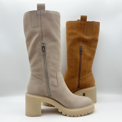 Brown soft suede leather Womens Dress Boots with 3/4 ykk metal zipper，One piece of TPR outsole