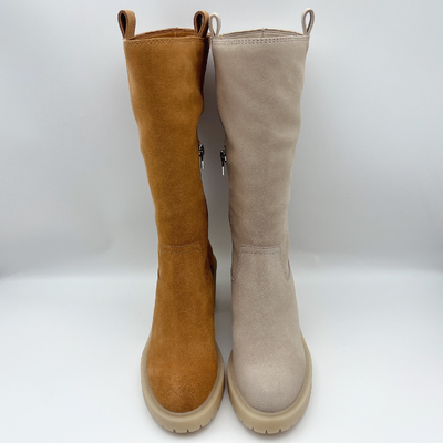 Brown soft suede leather Womens Dress Boots with 3/4 ykk metal zipper，One piece of TPR outsole