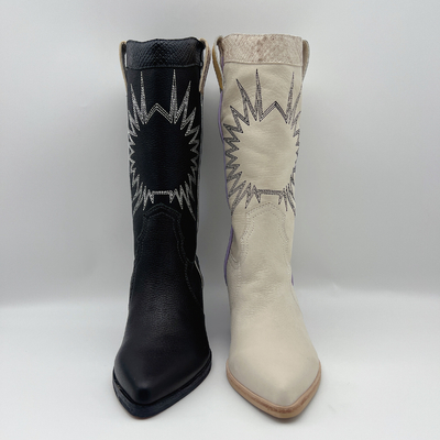 soft lychee grain leather Womens Dress Boots with sun embroidery pattern，Square abs chunky heel with TPR outsole