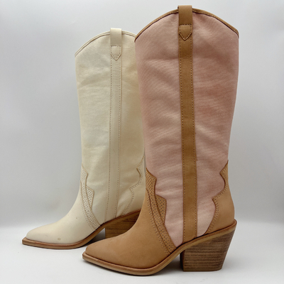 soft cow suede leather with soft embroidery canvas，pointed toe high ankle Womens Dress Boots