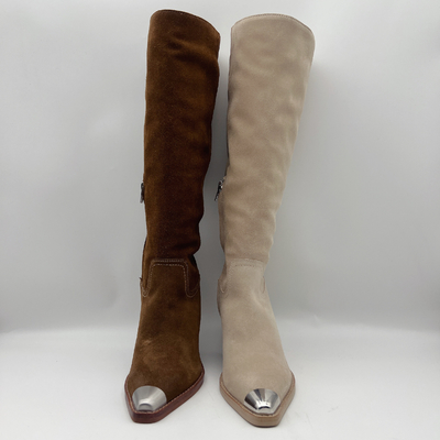 Off white soft cow suede leather with embroidery stitching Womens Dress Boots，Stylish metal toe cap design