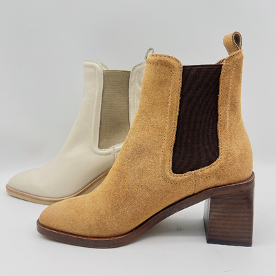 Round Toe Ankle Boots Womens Leather Dress Boots Tan / Beige With Elastic Band