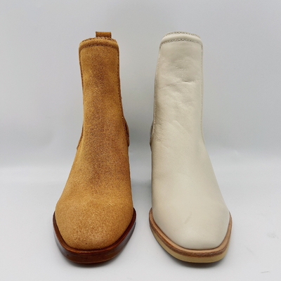Round Toe Ankle Boots Womens Leather Dress Boots Tan / Beige With Elastic Band