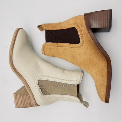 Round Toe Ankle Boots Womens Leather Dress Boots Tan / Beige With Elastic Band
