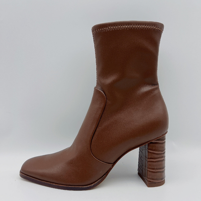 Round Head Womens Leather Dress Boots Brown With YKK Metal Toe Zipper
