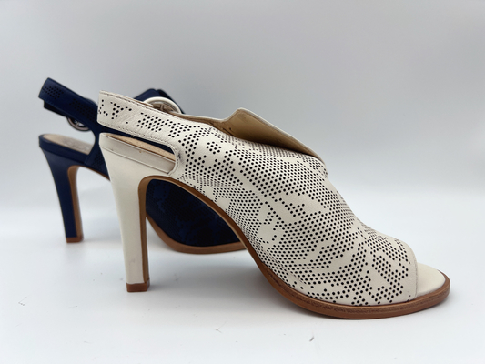 Ladies Genuine Leather Sandals Navy / Bone Open Toe High Heel Sandals