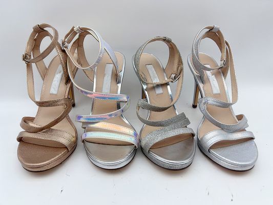 Elastic Wrap Ladies Soft Leather Sandals Dark Silver With 5cm Stiletto