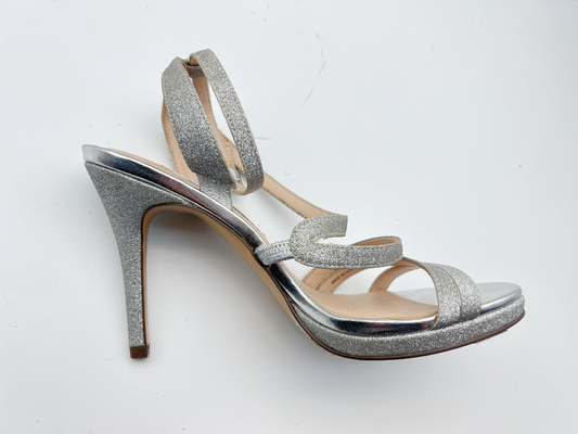 Elastic Wrap Ladies Soft Leather Sandals Dark Silver With 5cm Stiletto