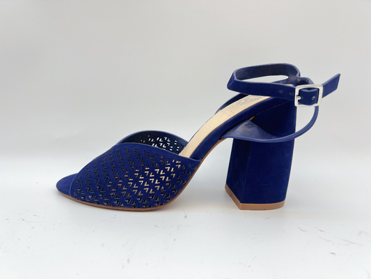 Square Toe High Heel Sandals Navy Soft Nubuck Genuine Leather Sandals For Ladies