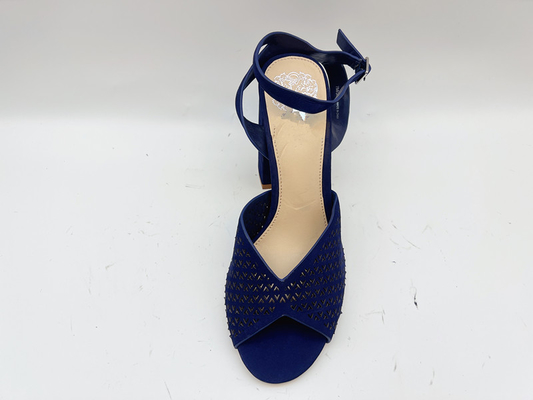 Square Toe High Heel Sandals Navy Soft Nubuck Genuine Leather Sandals For Ladies