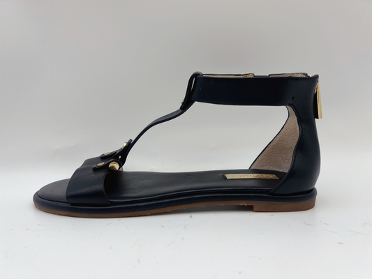 Ladies Black T Strap Flat Shoes Peep Toe Soft Nappa Genuine Leather Retro Roman Sandals
