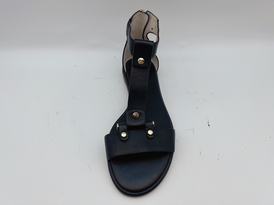 Ladies Black T Strap Flat Shoes Peep Toe Soft Nappa Genuine Leather Retro Roman Sandals
