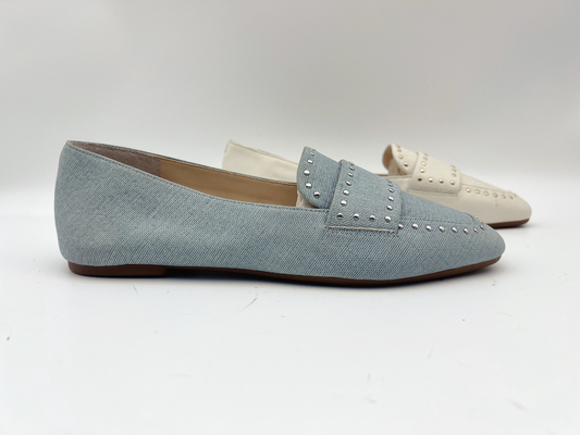 Soft Cow Ladies Genuine Leather Flat Shoes Beige With Studs Design