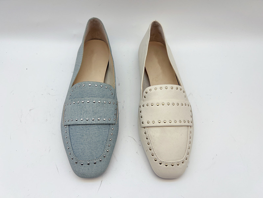 Soft Cow Ladies Genuine Leather Flat Shoes Beige With Studs Design