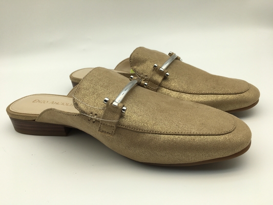 Closed Toe Soft Ladies Slippers Bronze Genuine Leather With Sliver Square Buckle