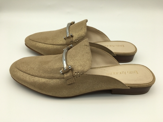 Closed Toe Soft Ladies Slippers Bronze Genuine Leather With Sliver Square Buckle