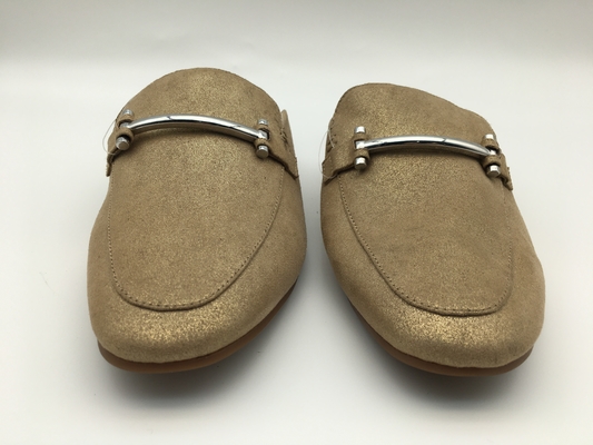 Closed Toe Soft Ladies Slippers Bronze Genuine Leather With Sliver Square Buckle