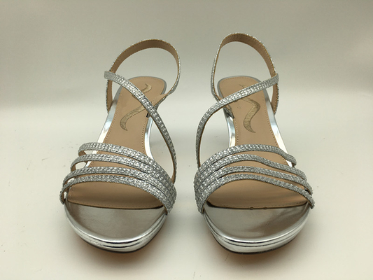 3cm Heel Ladies Soft Leather Sandals Silver With Sparkling Gemstone