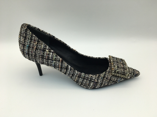 Checkered Upper Ladies Pumps Shoes , Women'S High Heel Dress Shoes With Square Metal Buckle