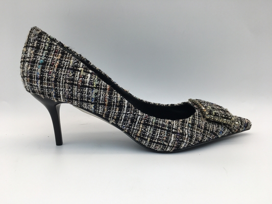 Checkered Upper Ladies Pumps Shoes , Women'S High Heel Dress Shoes With Square Metal Buckle