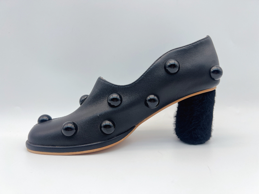 Soft Nappa Leather Women Pumps Shoes Black Low Heel Dress Shoes With Mushroom Mosaic