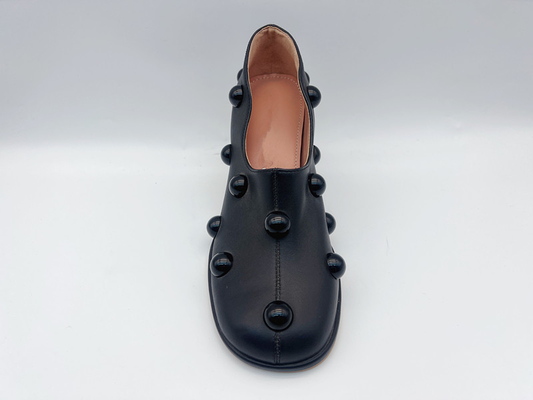 Soft Nappa Leather Women Pumps Shoes Black Low Heel Dress Shoes With Mushroom Mosaic