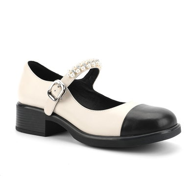 Round Head Wrap Toe Womens Leather Flat Shoes Black And White Stitching