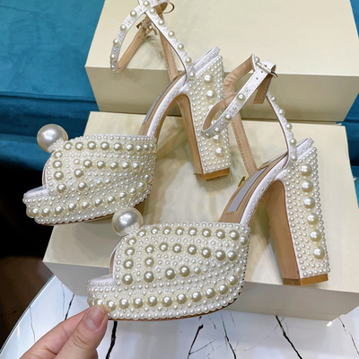 Pearl inlaid design women's high heel sandals，open toe height increasing women sandals