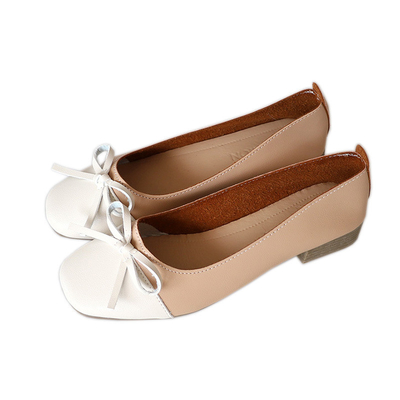 Women'S Nude Comfort Pump Colorblock Flat Shoes , Fashion Leather Bow Flats