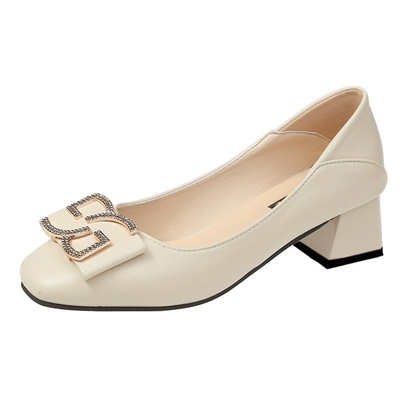 High Stiletto Heels Soft Comfortable Party Low Heel Leather Shoes for Ladies