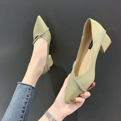 Elegant Office Spring Pointed Single Ladies Casual Leather Shoes 4cm Square Heel