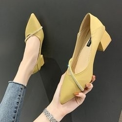 Elegant Office Spring Pointed Single Ladies Casual Leather Shoes 4cm Square Heel