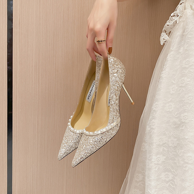 Spring Ladies Wedding Pumps , Sheepskin Golden Shiny Pearl Crystal Shoes