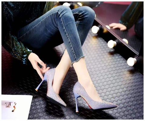 Microfiber Pointed Head Ladies Summer Pumps 8cm Thin Heel Rubber Casual