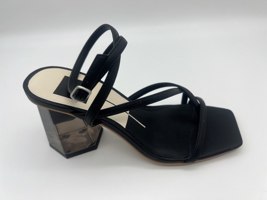 Wide Fit Black Ladies Soft Leather Sandals Summer Square Toe Ankle Strap Heels