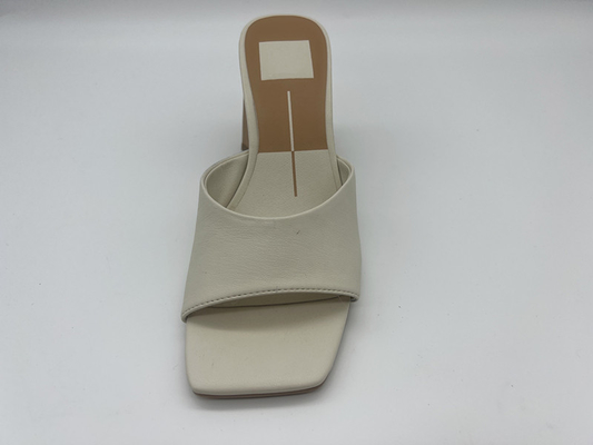 One Strap Ladies Soft Leather Sandals Square Toe Womens Beige Heeled Sandals