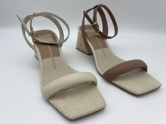 Durable Beige Closed Toe Sandals , Real Wood Heeled Square Toe Ankle Strap Sandals