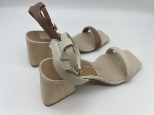 Durable Beige Closed Toe Sandals , Real Wood Heeled Square Toe Ankle Strap Sandals