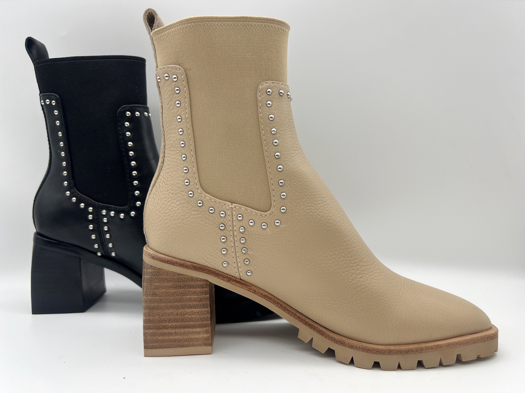Tan soft cow  leather Womens Dress ankle Boots with shaft studs in metal，square abs heel，TPR outsole with pusable latex