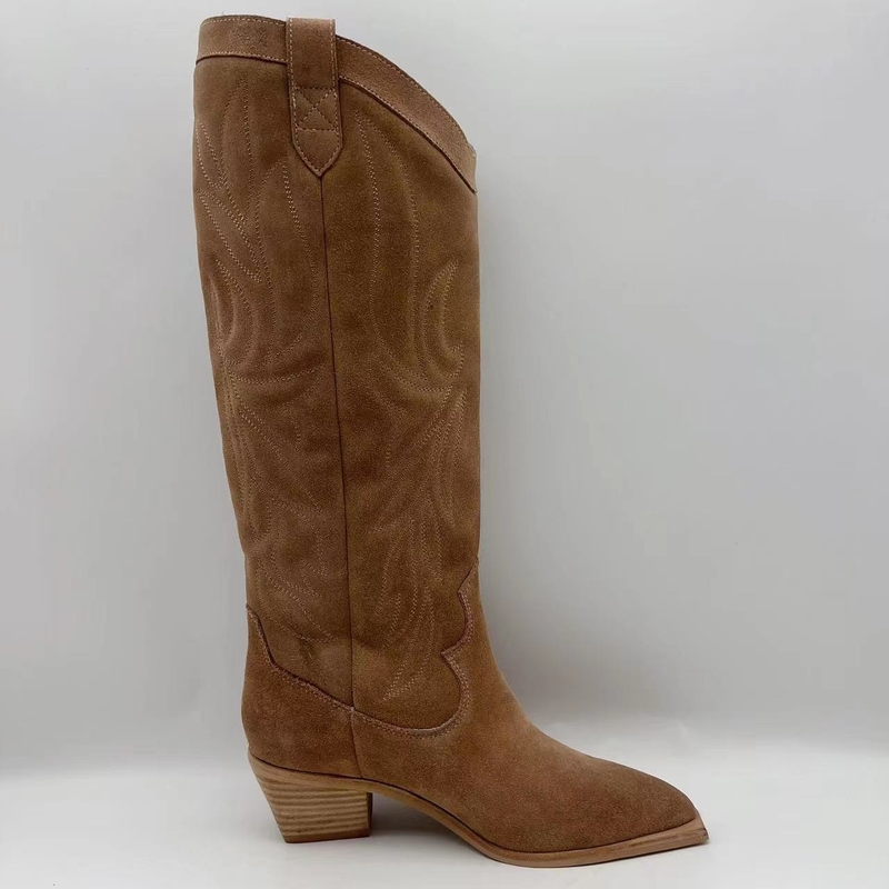 Brown soft cow suede genuine leather Womens Dress Boots，TPR outsole with abs heel