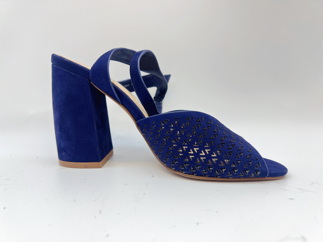 Square Toe High Heel Sandals Navy Soft Nubuck Genuine Leather Sandals For Ladies