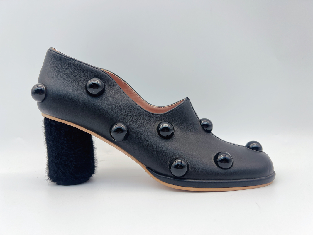 Soft Nappa Leather Women Pumps Shoes Black Low Heel Dress Shoes With Mushroom Mosaic