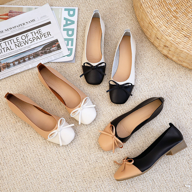 Women'S Nude Comfort Pump Colorblock Flat Shoes , Fashion Leather Bow Flats